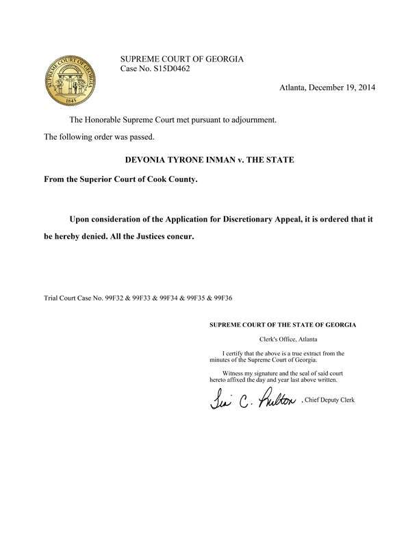 Georgia Supreme Court Order Denying Inman's Appeal in 2014 Georgia Supreme Court Order Denying Inman's Appeal in 2014